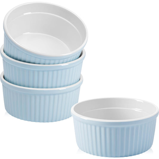 NUTRIUPS Ramekins 400ml Oven Safe - Set of 4 - Porcelain Pudding Cups - Blue