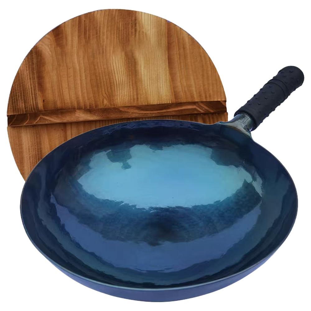 Lvhop Iron Wok with Lid - 36cm Woks & Stir-Fry Pans Nonstick - Blue Pre-Seasoned Round Bottom Wok