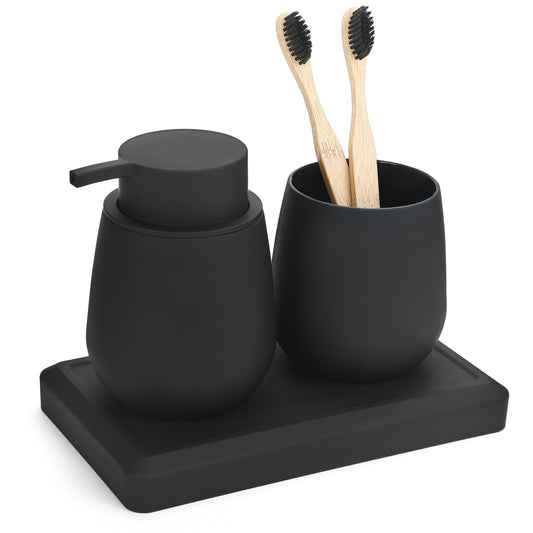 DAHACIS Bathroom Accessories Set, Modern 3 Pcs Bathroom Essentials - Soap Dispenser, Toothbrush Holder & Tray, Countertop Vanity Organizer (Beige)
