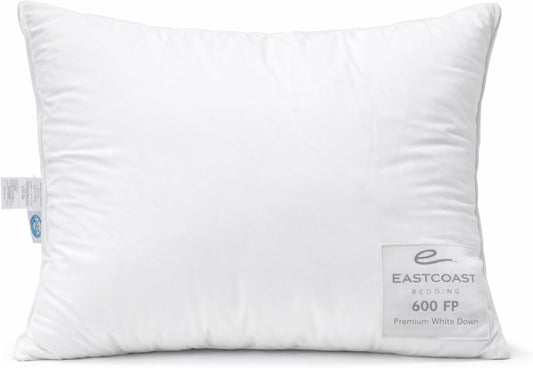 East Coast Bedding Goose Down Sleeping Pillow White 600 Fill Power with 400 Thread Count 100% Cotton for Couch, Side Sleeper, Travel & Bed Pillows - Queen Size Firm - Single Pack
