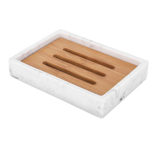 Luxspire Bamboo Soap Dish with Resin Tray - Dual-Layer Drainage - Gravel White - 12cm × 9cm