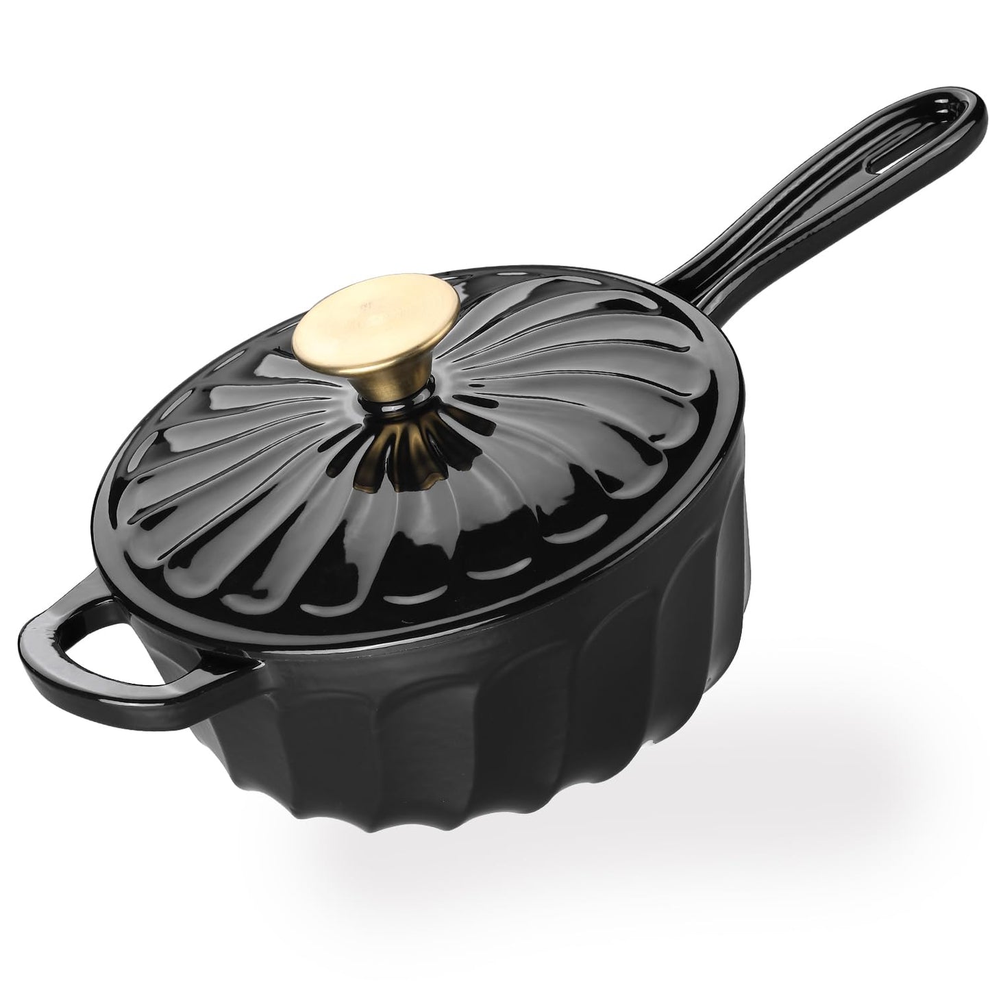 NSIRONS Enamelled Cast Iron Sauce Pan - 1.9L Enamelled Saucepan with Lid - Black