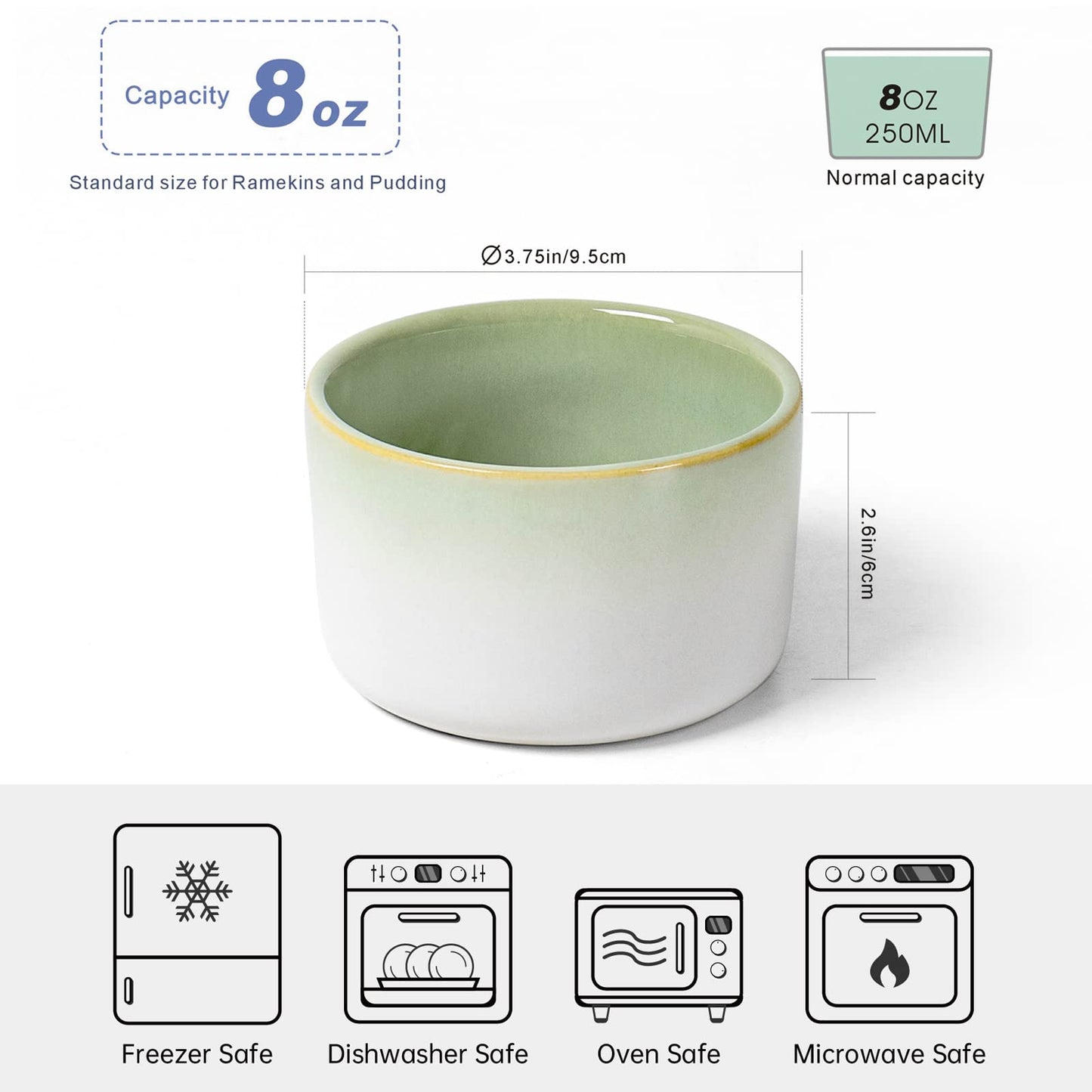 Ramekin Set of 6, UNICASA 8 oz Creme Brulee Ramekins, Oven Safe Baking Set for Custard, Pudding, Souffle Cups, Light Green