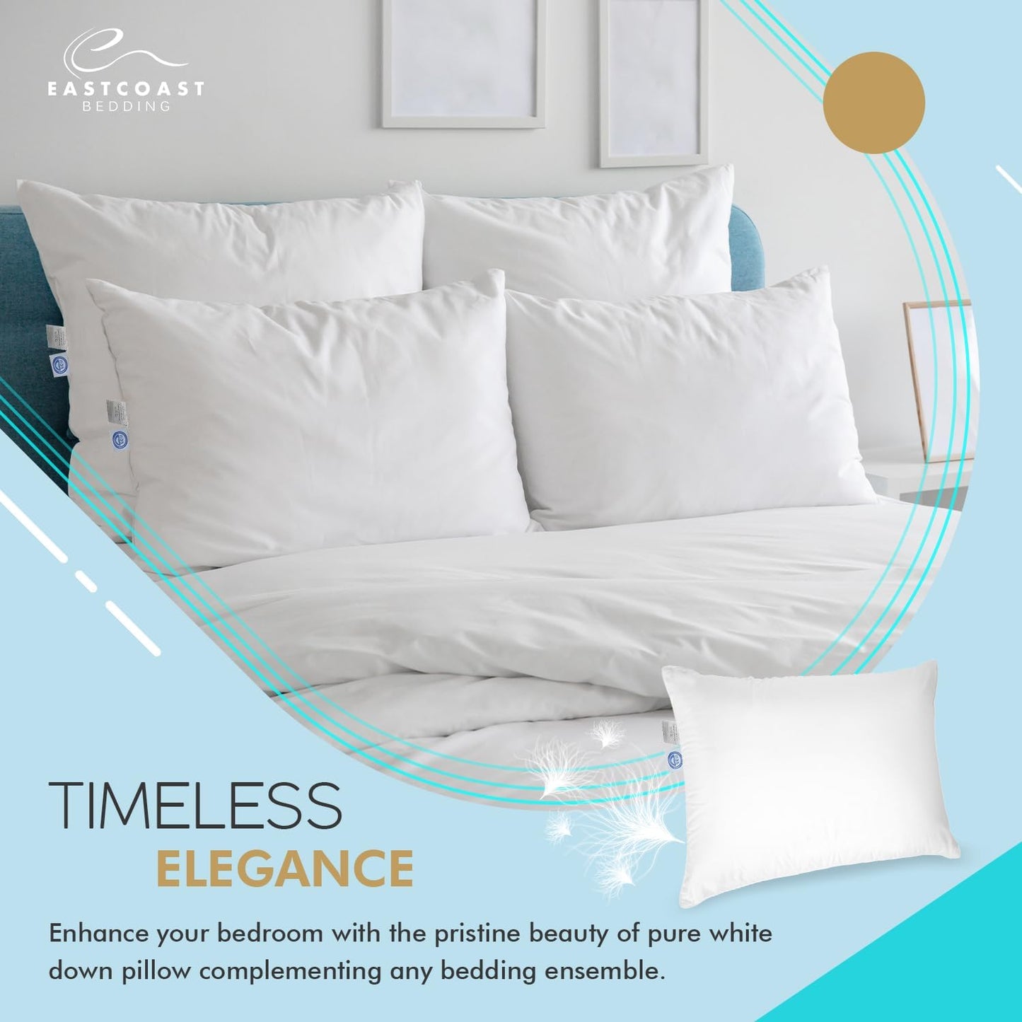 East Coast Bedding Goose Down Sleeping Pillow White 600 Fill Power with 400 Thread Count 100% Cotton for Couch, Side Sleeper, Travel & Bed Pillows - Queen Size Firm - Single Pack