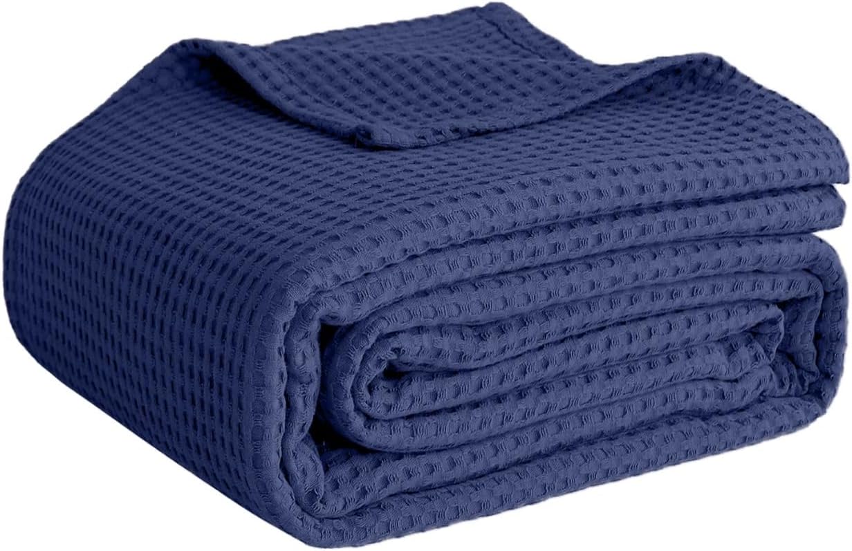 QUBA LINEN Waffle Weave Cotton Blanket — 100% Cotton, Breathable All-Season, Dark Grey