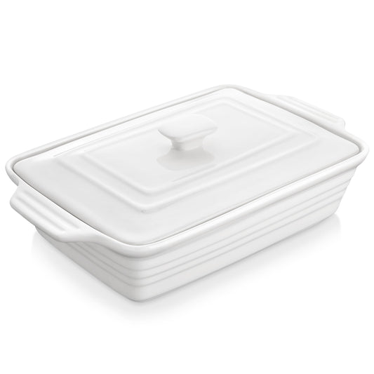 MALACASA Casserole Dish for Oven - 4.2L Porcelain Baking Dish with Lid - White