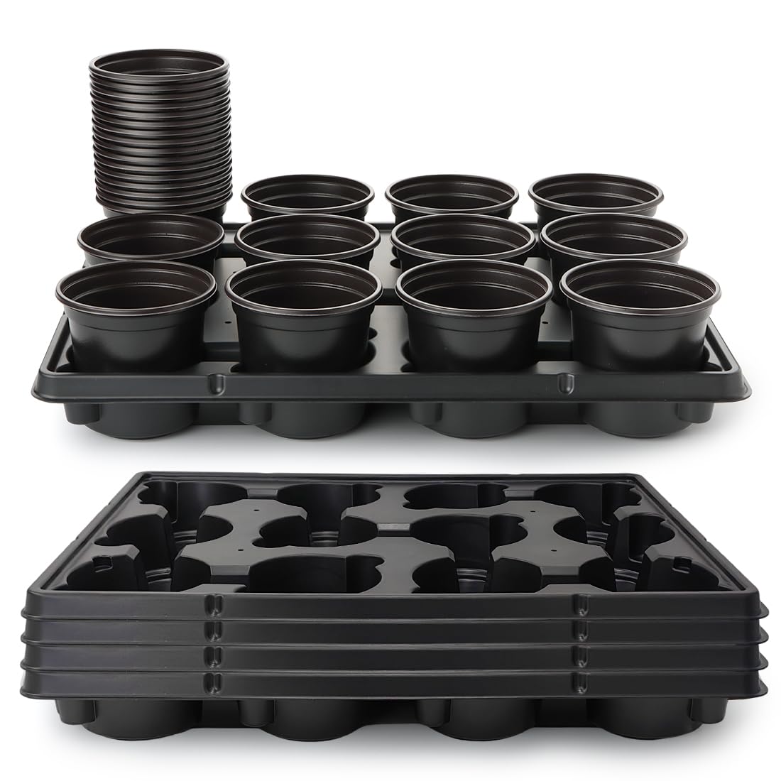 RooTrimmer 10cm Plastic Plant Pots 60 Pcs and 12 Cell Nursery Pots Trays 5 Pcs - Thick Sturdy Seeds Starting Germination Shuttle Carrying Trays - Black