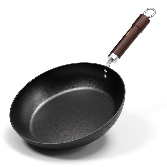 Armorbear Carbon Steel Frying Pan - Pre-Seasoned 28cm Cooking Skillet with Wooden Handle