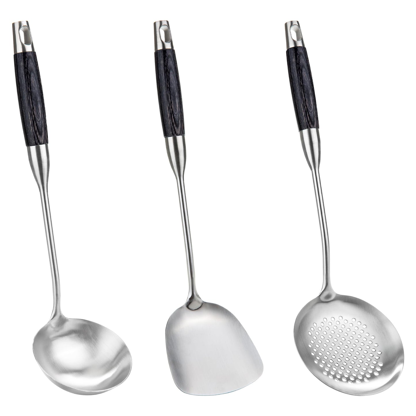 FJNATINH Wok Spatulas Soup Ladle Skimmer Ladle Set - 3 Piece - Stainless Steel with Wooden Handle