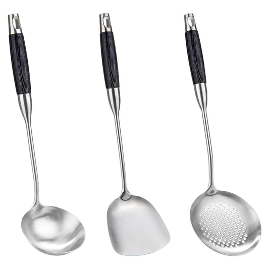 FJNATINH Wok Spatulas Soup Ladle Skimmer Ladle Set - 3 Piece - Stainless Steel with Wooden Handle