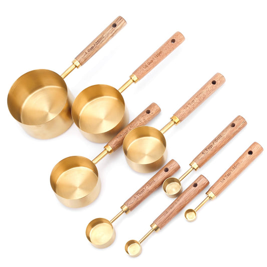 lasuroa 8 Piece Stainless Steel Measuring Cups and Spoons Set with Acacia Wood Handle - Gold