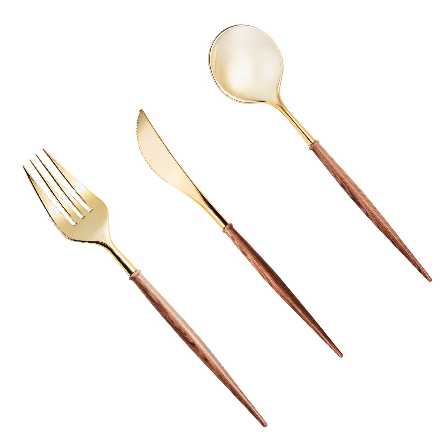 Lullaby 60 Piece Gold Plastic Silverware - Disposable Cutlery with Wood Grain Handle