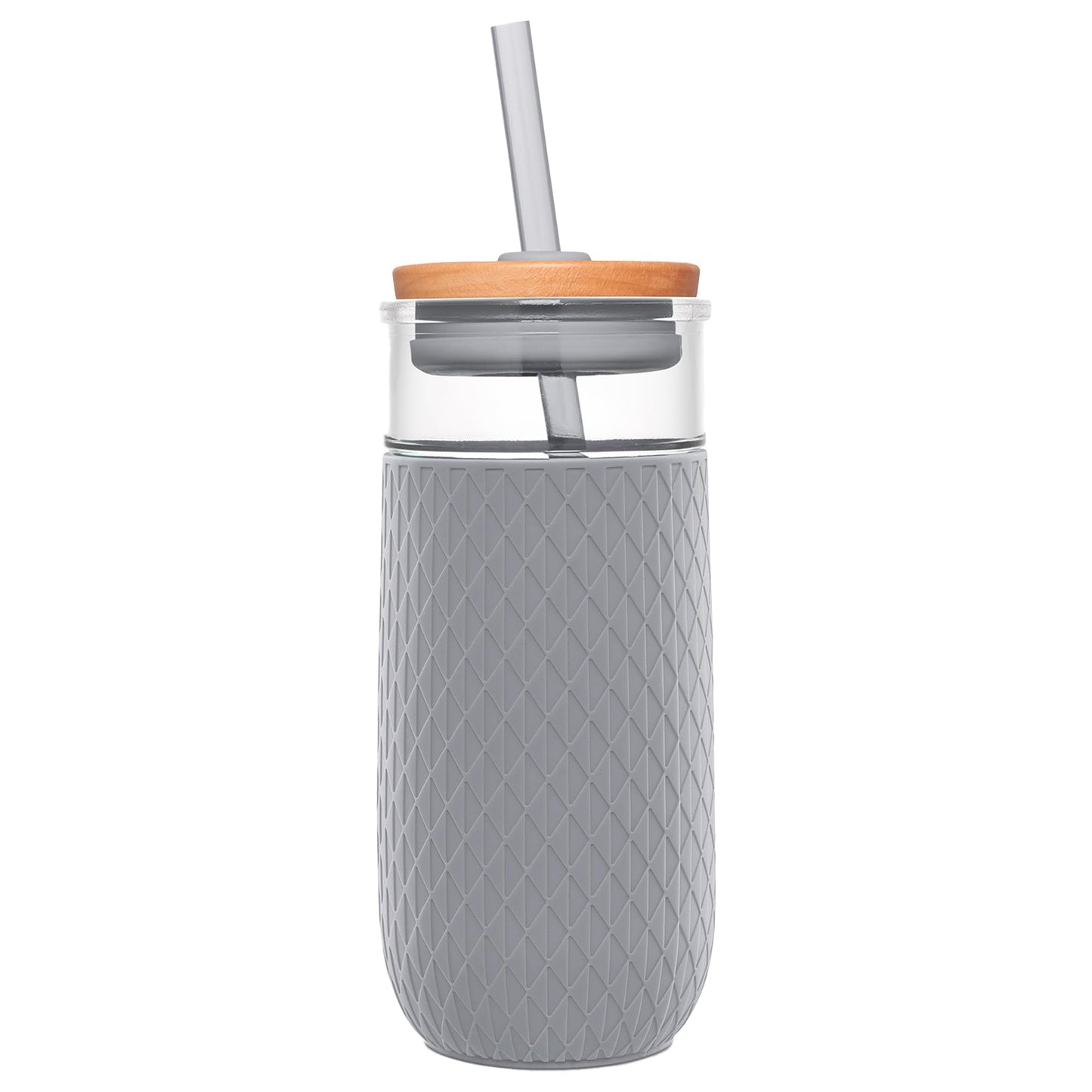 Ello Devon Glass Tumbler - Protective No Sweat Silicone Sleeve and Splash Proof Wooden Detail Lid with Straw - 530ml
