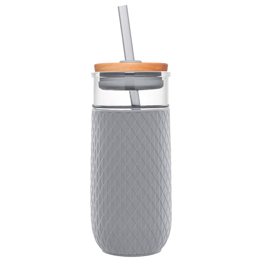 Ello Devon Glass Tumbler - Protective No Sweat Silicone Sleeve and Splash Proof Wooden Detail Lid with Straw - 530ml