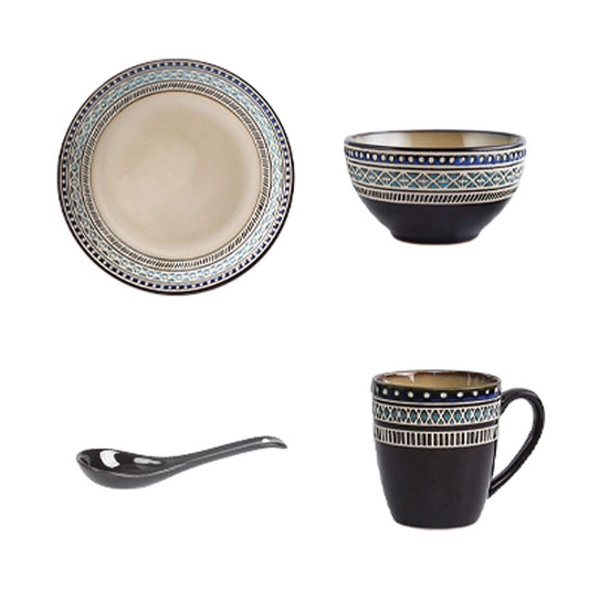 Ceramic Dinnerware Set - Relief Craft - 4 Piece Set - Dinner Plate, Bowl, Mug and Spoon