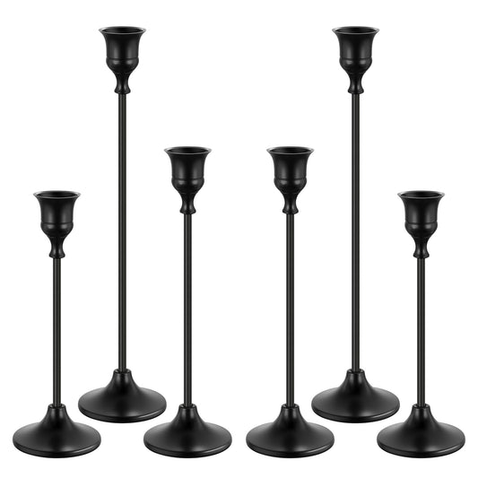 Black Candlestick Holders - Set of 6 - Metal Taper Candle Holders - Three Heights - Non-Slip Base