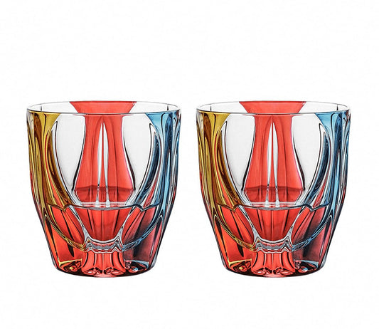 MAGCOLOR Hand painted Crystal Colourful Whiskey Glasses Set of 2 - 325ml Old Fashioned Drinking Glassware
