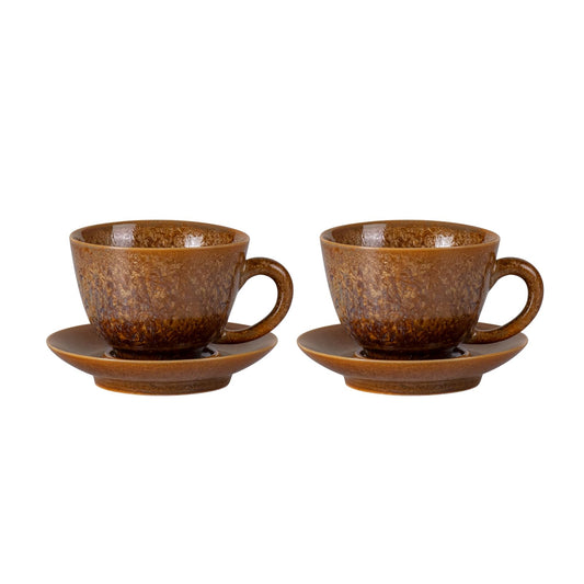 KAMMAK Tea Cups and Saucers Set of 2 - Porcelain Coffee Cups - 127ml Crystalline Glaze Espresso Mugs
