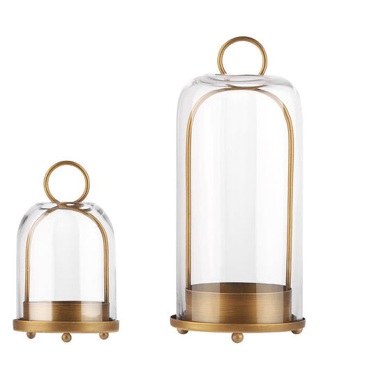 13cm & 10cm Wide Versatile Metal Candle Holder in Antique Brass with Handmade Thick Heavy Glass Dome for Pillar Candle - Set of 2 - Brass