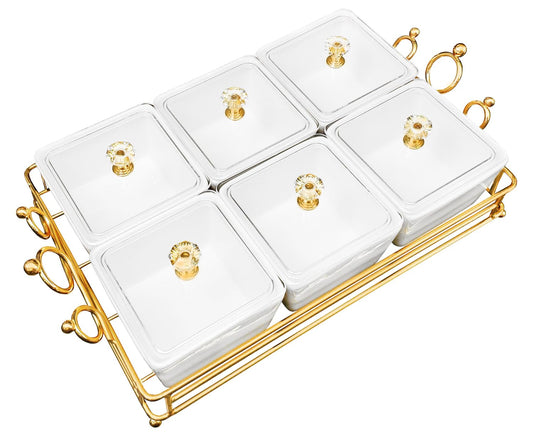 YA JU Ceramic Bowls Set with Lid & Gold Basket Tray - 6 Removable Bowls - Condiment Serving Set - White