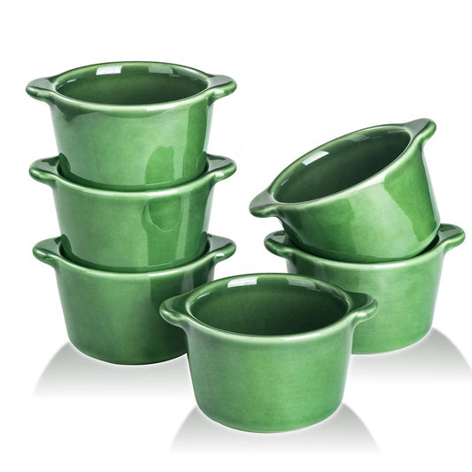 Crème Brûlée Ramekins Ceramic Bowls - VICRAYS Mini Custard Cups 240ml - Set of 6 - Green