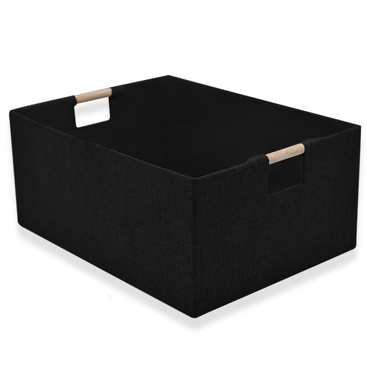 xianshengle Fabric Storage Basket - Black - 38 cm x 27 cm x 15 cm - Rectangle Collapsible Bin with Wood Handles