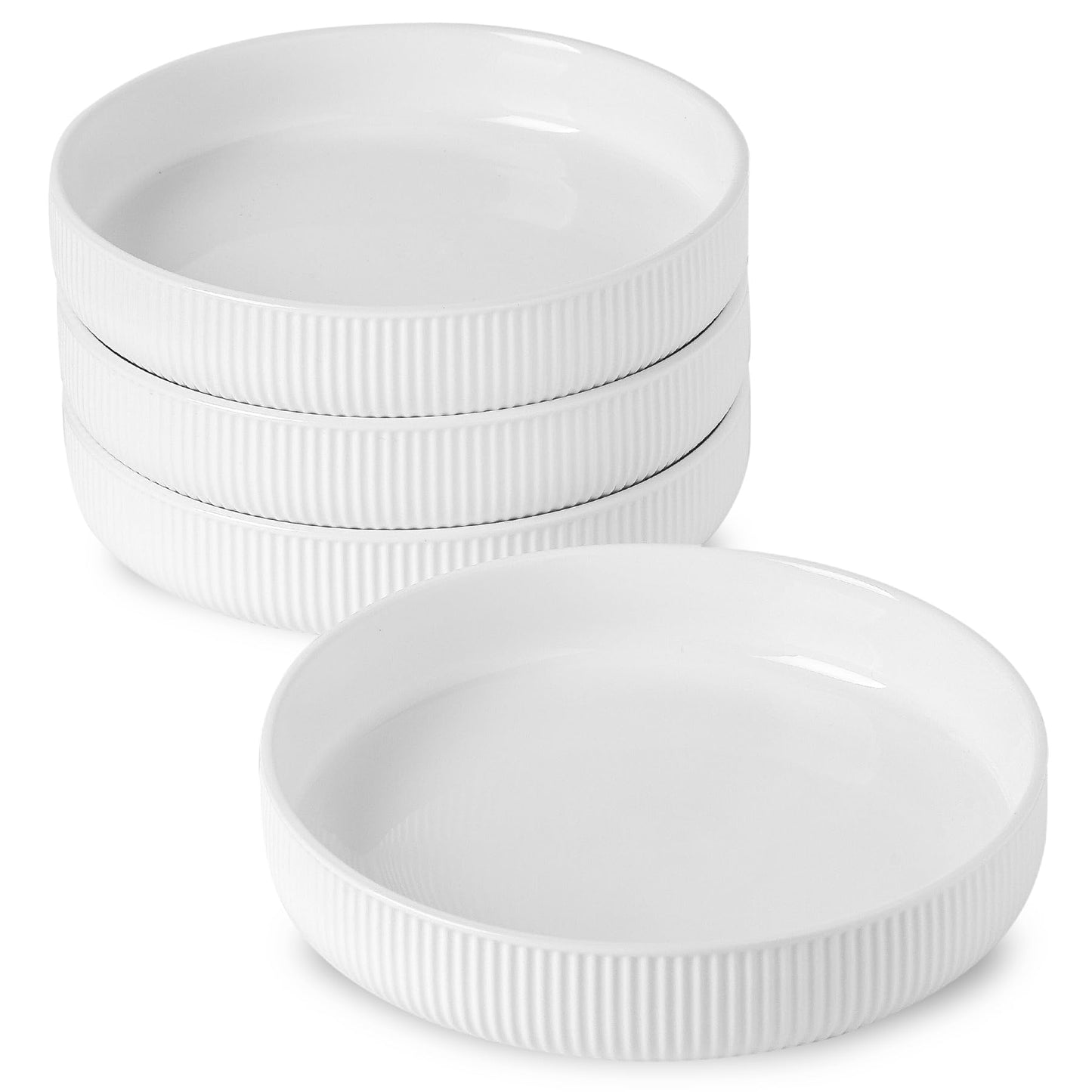 UBEE 21.5cm Ceramic Pasta Bowls Set of 4 - Big Salad Bowl - Large Dinner Plates - Ribbed Serving Bowls - White