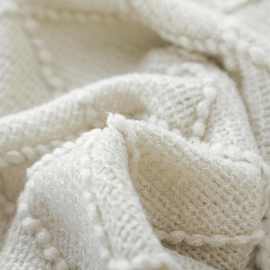 BOURINA Knit Throw Blanket — 100% Acrylic, Geometric Pattern & Fringe, 127 × 152 cm, Beige