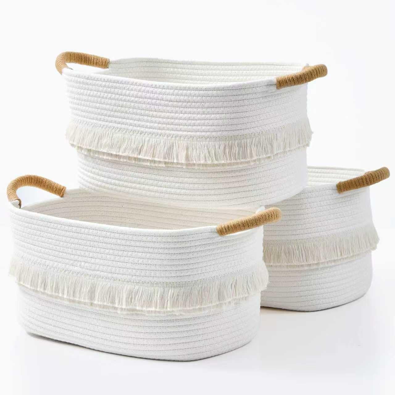 BUBUSUN Woven Cotton Rope Storage Baskets - Set of 3 - 36 cm x 23 cm x 20 cm - Rectangle Baskets with Handles