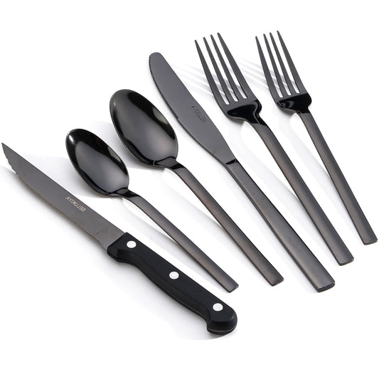 SELUKIYA 24 Piece Silverware Flatware Service for 4 - 18/0 Stainless Steel - Black