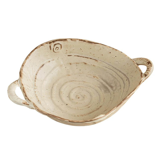 Ceramic dish with handles on a white background