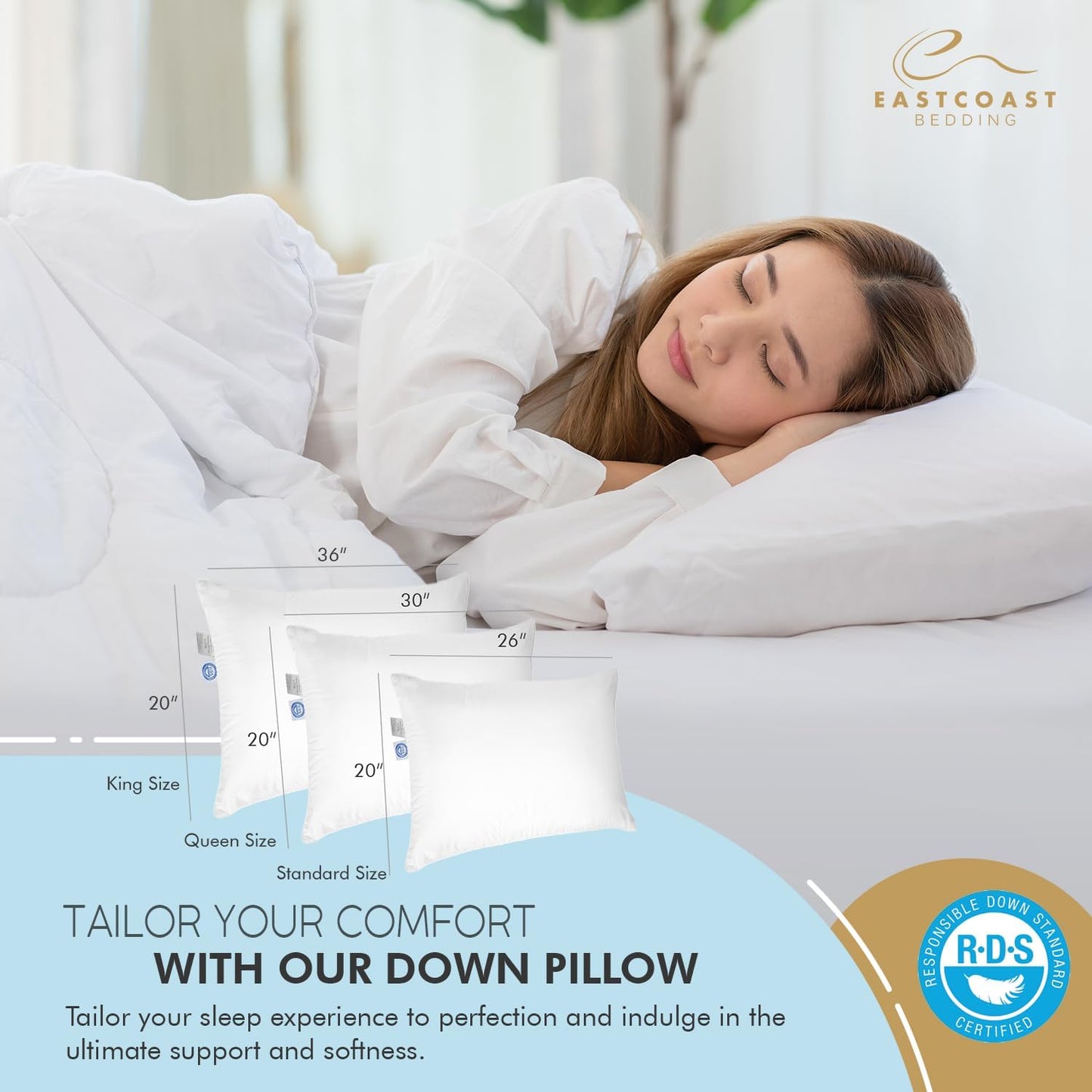 East Coast Bedding Goose Down Sleeping Pillow White 600 Fill Power with 400 Thread Count 100% Cotton for Couch, Side Sleeper, Travel & Bed Pillows - Queen Size Firm - Single Pack