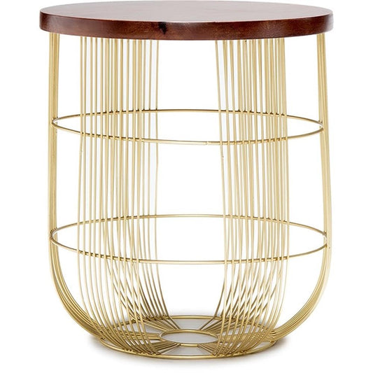 Finch Maxwell Gold Metal Side Table - Small Round Accent Drum End Table - Solid Wood Top - Fully Assembled