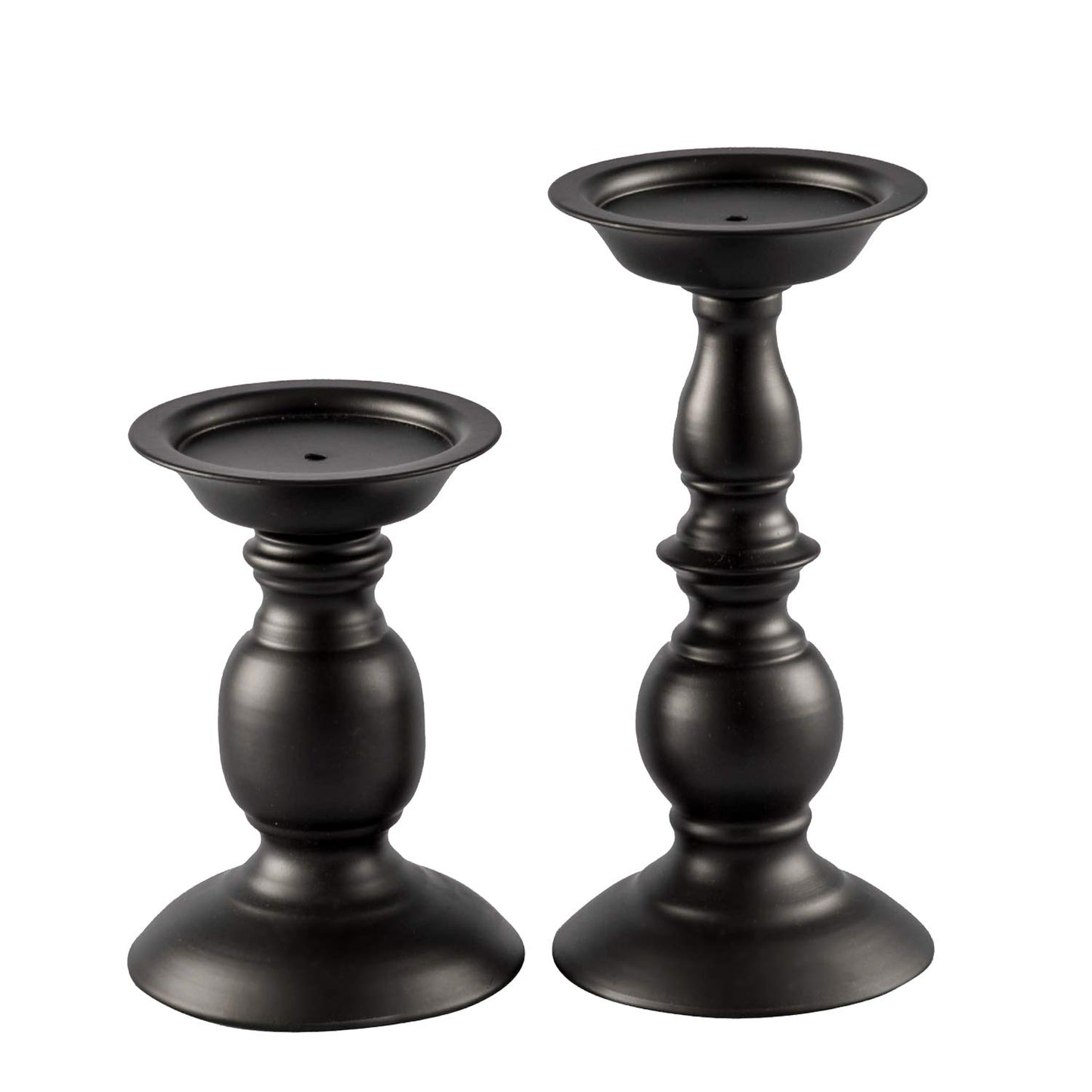 Two black candle holders on a white background