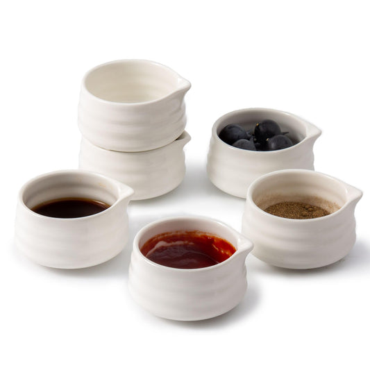 YumiPLUS 6pcs Ceramic Dipping Bowl with Spout - 90ml Porcelain Ramekins - White