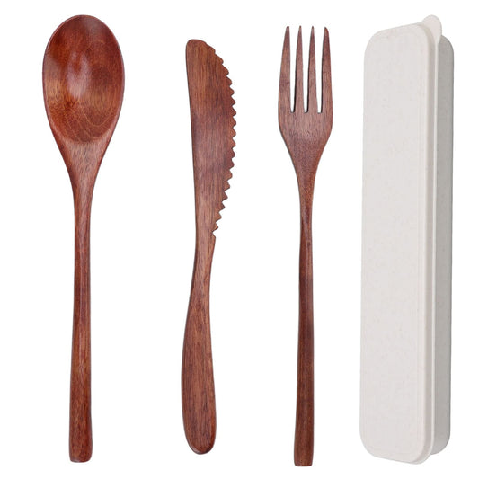 Cunyuer Wooden Cutlery Set - 3 Piece - Spoon Fork Knife with Case