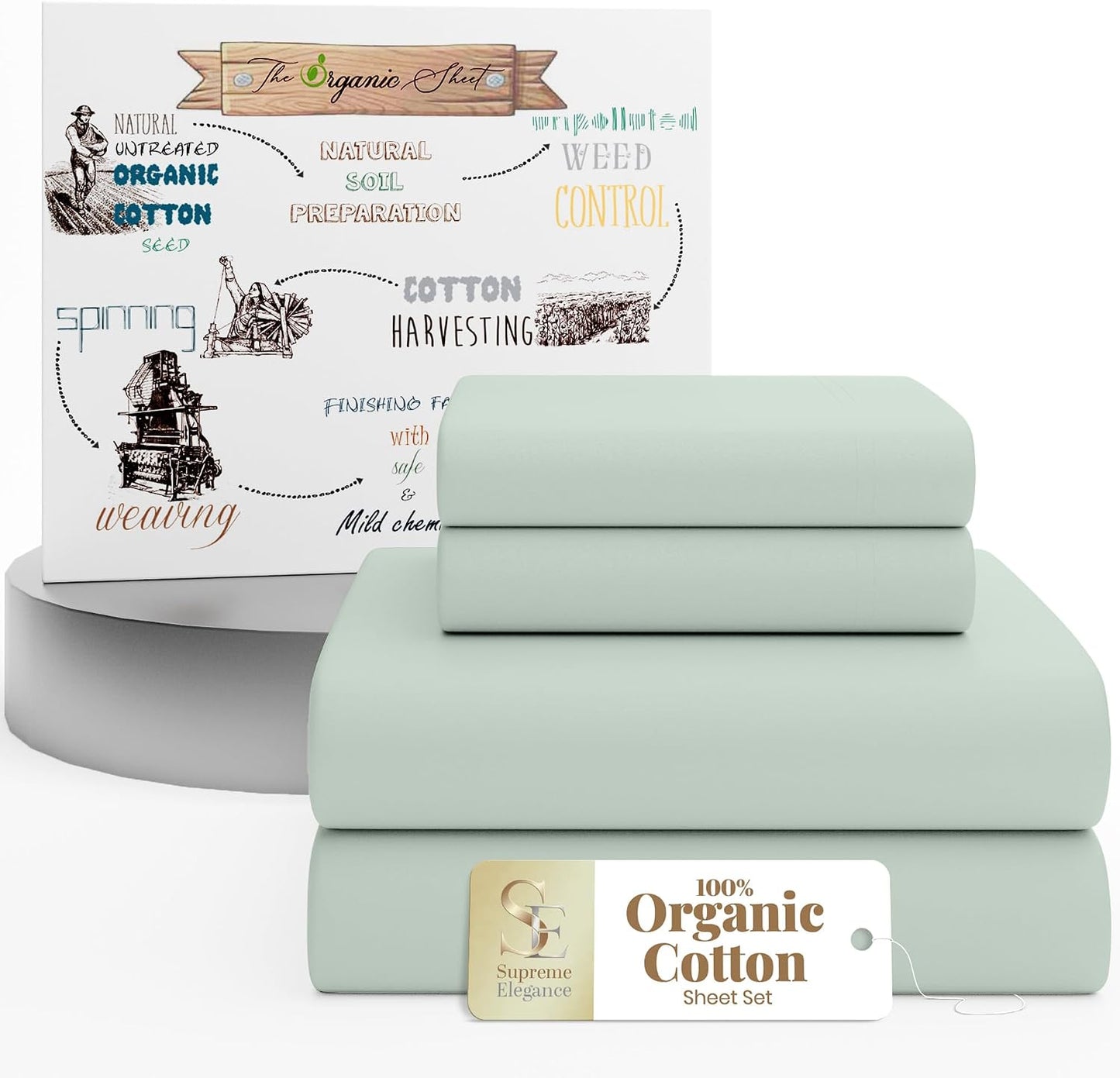 SUPREME ELEGANCE 100% Organic Cotton Sheets for Twin Size Bed, Pastel Green | 14" Deep Pocket Cool & Crisp Percale Sheets for Dorm, Breathable, Moisture Absorbent, Organic Bedding Set, OEKO-TEX Certified