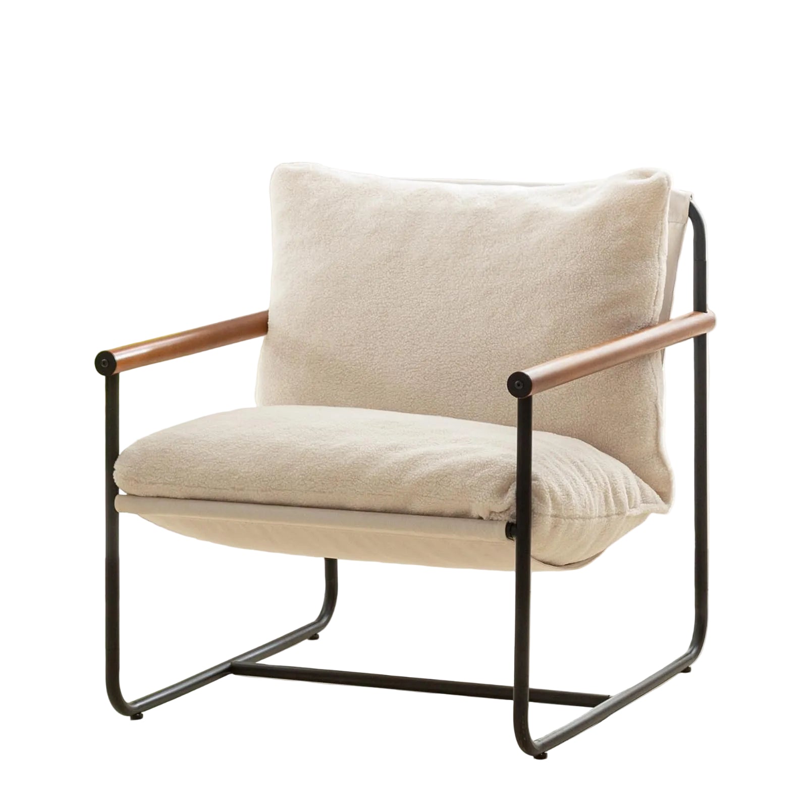 Beige armchair with wooden arms and black metal frame on a white background