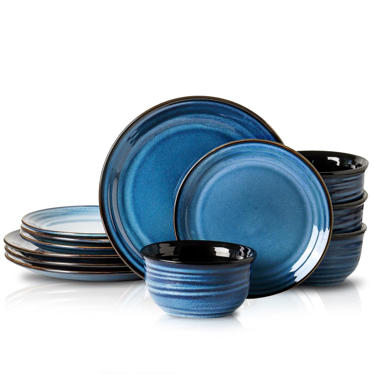Hasense Plates and Bowls Set - 12 Pieces Ceramic Reactive Glaze Dinnerware Set of 4 - Blue