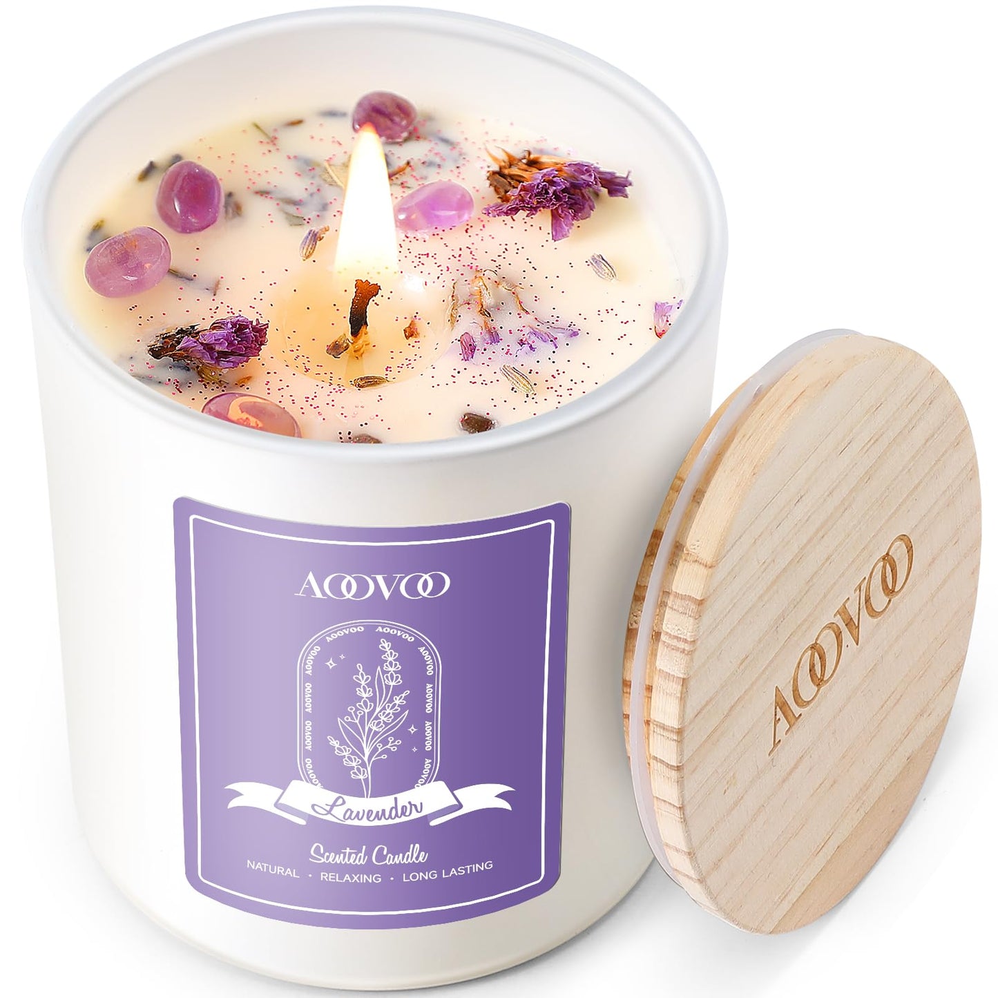 AOOVOO Lavender Scented Candle - 283g - Aromatherapy Soy Candle with Crystals - 60 Hour Burn - Gift for Women