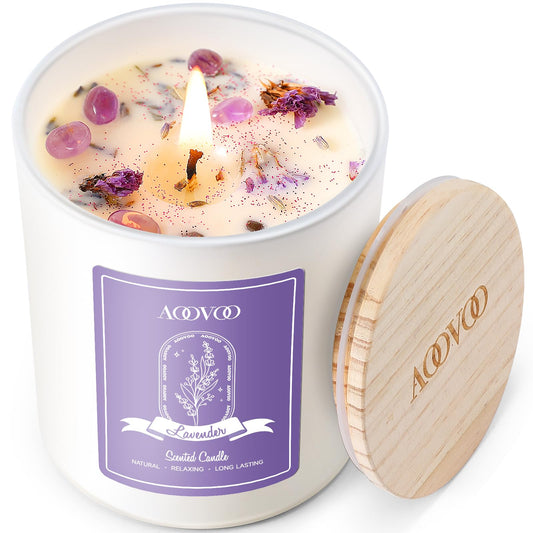AOOVOO Lavender Scented Candle - 283g - Aromatherapy Soy Candle with Crystals - 60 Hour Burn - Gift for Women