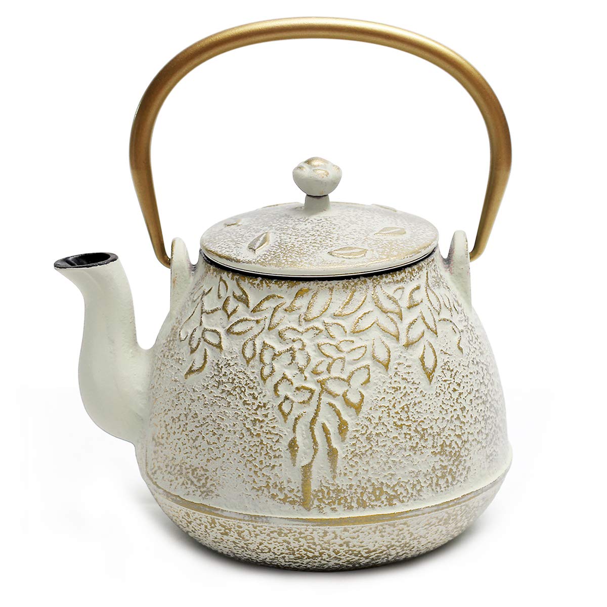 Toptier Cast Iron Tea Kettle - Stovetop Safe Japanese Teapot with Infuser - Leaf Design - 950ml - Warm Beige & Grey