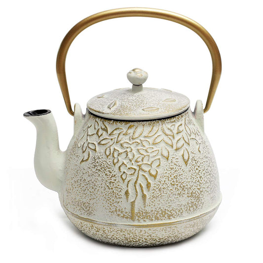 Toptier Cast Iron Tea Kettle - Stovetop Safe Japanese Teapot with Infuser - Leaf Design - 950ml - Warm Beige & Grey