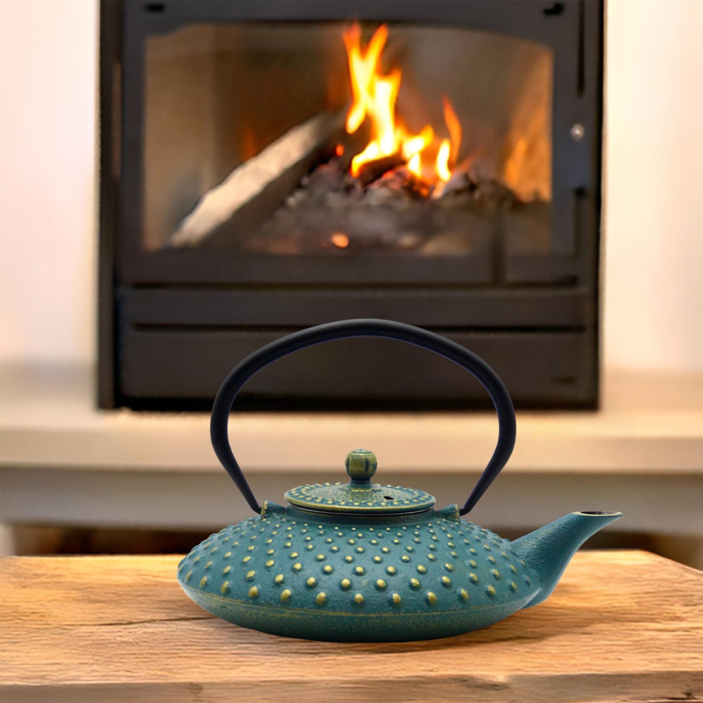 SECHUDO 800ml Small Cast Iron Teapot - Japanese Style Tea Kettle with Stainless Steel Infuser - Flat Pattern - Colourful