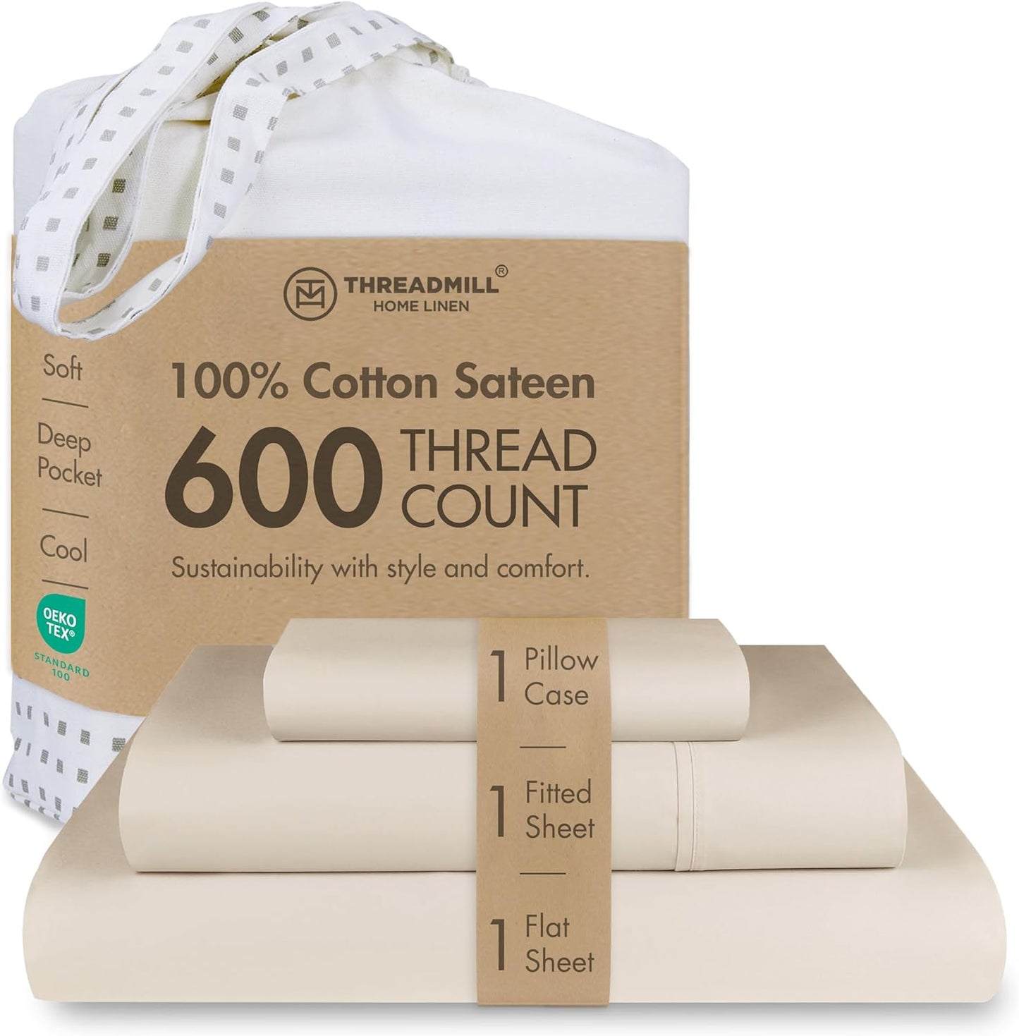 Threadmill 100% Cotton Sheets for Queen Size Bed - 600 Thread Count Queen Bed Sheets Set with 16” Deep Pocket - Sateen Weave 4-Piece Bedding Set with Cooling Effect, White