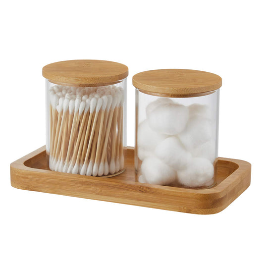INIUNIK Glass Qtip Holder with Vanity Tray — Apothecary Jar Bathroom Organiser Set