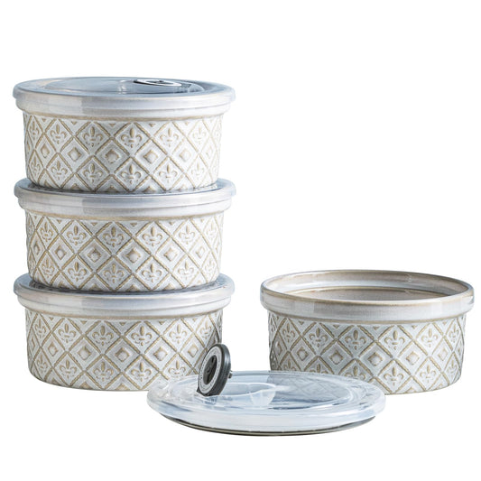 MISSYSSIM Ceramic Soufflé Small Baking Dishes for Oven - 475ml Charcuterie Bowls Crème Brûlée Ramekins Set with Lids - Set of 4 - Beige