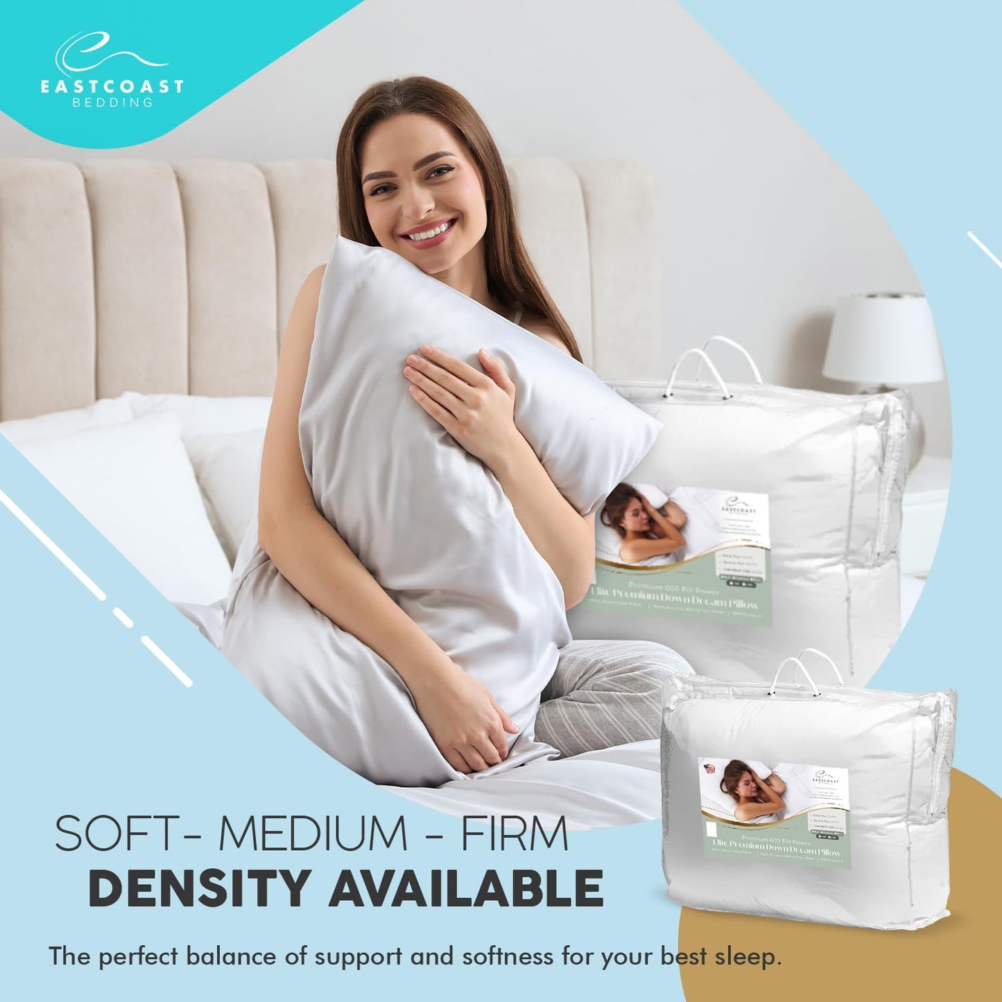 East Coast Bedding Goose Down Sleeping Pillow White 600 Fill Power with 400 Thread Count 100% Cotton for Couch, Side Sleeper, Travel & Bed Pillows - Queen Size Firm - Single Pack