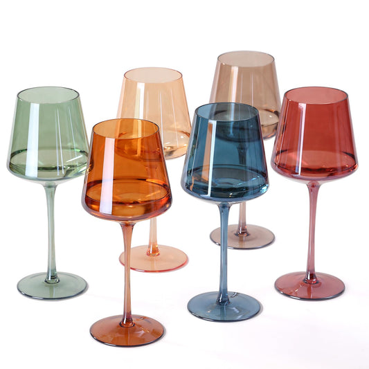 comfit Hand Blown Coloured Wine Glasses Set of 6 - 530ml Multi Coloured Square Stems