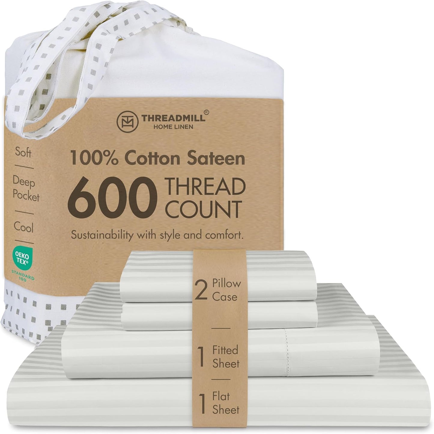 Threadmill 100% Cotton Sheets for Queen Size Bed - 600 Thread Count Queen Bed Sheets Set with 16” Deep Pocket - Sateen Weave 4-Piece Bedding Set with Cooling Effect, White